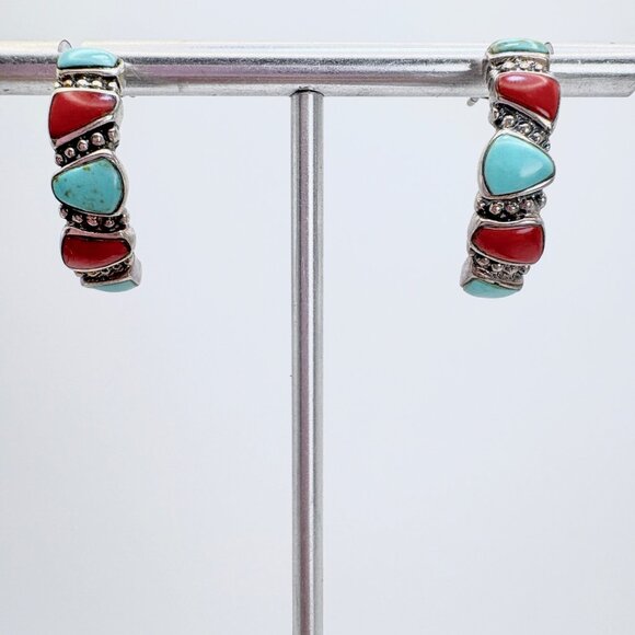 VTG Sterling Silver 925 Turquoise & Coral Half Hoop Earrings Size 0.75" Length - Picture 1 of 8